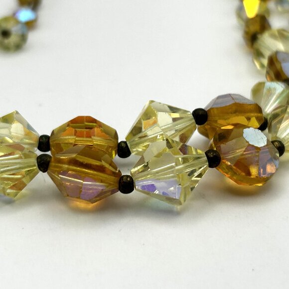 Vintage Two Strand Amber Yellow Aurora Borealis Glass Bead Facet Necklace 1950s - Picture 10 of 12